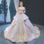 High-end Lavender Evening Dresses  2023 A-Line / Princess Off-The-Shoulder Short Sleeve Gold Appliques Lace Beading Court Train Ruffle Backless Formal Dresses