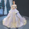 High-end Lavender Evening Dresses  2023 A-Line / Princess Off-The-Shoulder Short Sleeve Gold Appliques Lace Beading Court Train Ruffle Backless Formal Dresses