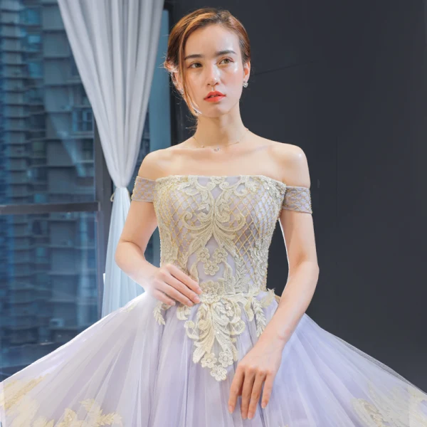 High-end Lavender Evening Dresses  2023 A-Line / Princess Off-The-Shoulder Short Sleeve Gold Appliques Lace Beading Court Train Ruffle Backless Formal Dresses