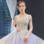 High-end Lavender Evening Dresses  2023 A-Line / Princess Off-The-Shoulder Short Sleeve Gold Appliques Lace Beading Court Train Ruffle Backless Formal Dresses