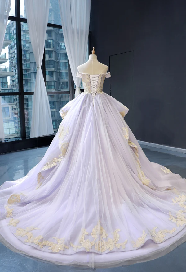 High-end Lavender Evening Dresses  2023 A-Line / Princess Off-The-Shoulder Short Sleeve Gold Appliques Lace Beading Court Train Ruffle Backless Formal Dresses