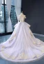 High-end Lavender Evening Dresses  2023 A-Line / Princess Off-The-Shoulder Short Sleeve Gold Appliques Lace Beading Court Train Ruffle Backless Formal Dresses