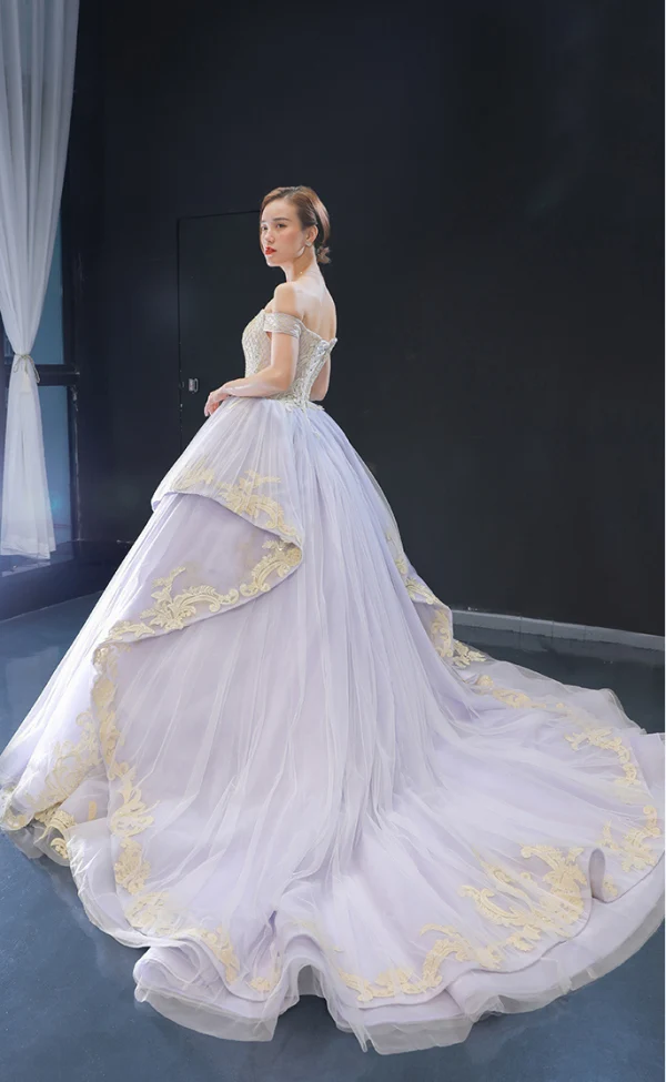 High-end Lavender Evening Dresses  2023 A-Line / Princess Off-The-Shoulder Short Sleeve Gold Appliques Lace Beading Court Train Ruffle Backless Formal Dresses