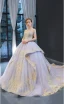 High-end Lavender Evening Dresses  2023 A-Line / Princess Off-The-Shoulder Short Sleeve Gold Appliques Lace Beading Court Train Ruffle Backless Formal Dresses