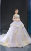 High-end Lavender Evening Dresses  2023 A-Line / Princess Off-The-Shoulder Short Sleeve Gold Appliques Lace Beading Court Train Ruffle Backless Formal Dresses