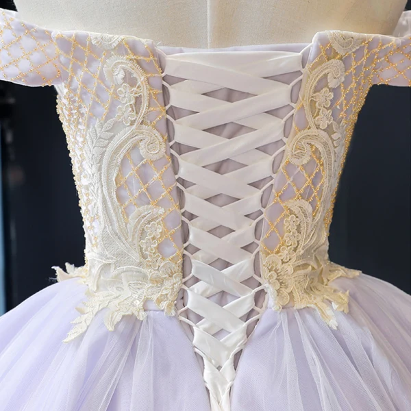 High-end Lavender Evening Dresses  2023 A-Line / Princess Off-The-Shoulder Short Sleeve Gold Appliques Lace Beading Court Train Ruffle Backless Formal Dresses