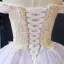 High-end Lavender Evening Dresses  2023 A-Line / Princess Off-The-Shoulder Short Sleeve Gold Appliques Lace Beading Court Train Ruffle Backless Formal Dresses