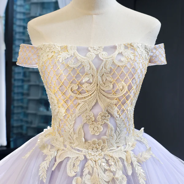 High-end Lavender Evening Dresses  2023 A-Line / Princess Off-The-Shoulder Short Sleeve Gold Appliques Lace Beading Court Train Ruffle Backless Formal Dresses