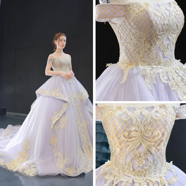 High-end Lavender Evening Dresses  2023 A-Line / Princess Off-The-Shoulder Short Sleeve Gold Appliques Lace Beading Court Train Ruffle Backless Formal Dresses