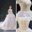 High-end Lavender Evening Dresses  2023 A-Line / Princess Off-The-Shoulder Short Sleeve Gold Appliques Lace Beading Court Train Ruffle Backless Formal Dresses