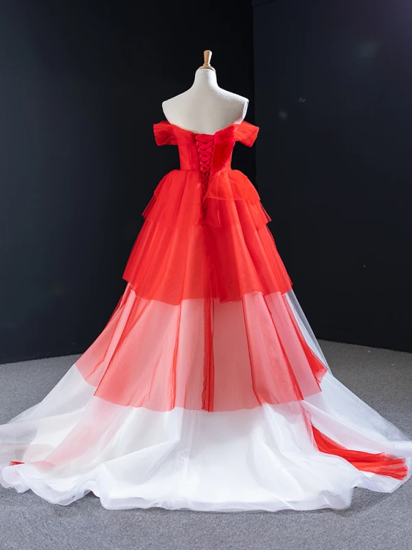 Two Tone White Red Bridal Wedding Dresses 2023 Ball Gown Off-The-Shoulder Short Sleeve Backless Beading Court Train Ruffle