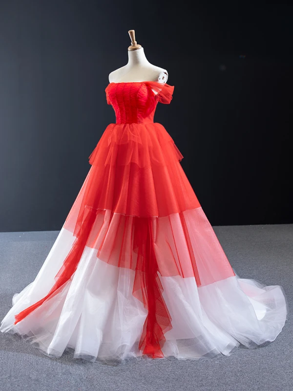 Two Tone White Red Bridal Wedding Dresses 2023 Ball Gown Off-The-Shoulder Short Sleeve Backless Beading Court Train Ruffle