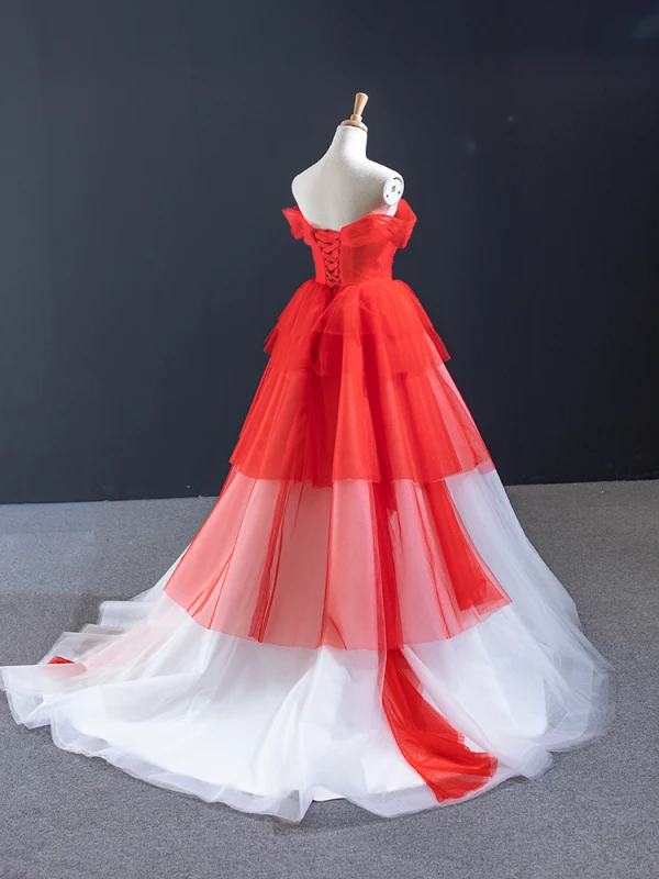 Two Tone White Red Bridal Wedding Dresses 2023 Ball Gown Off-The-Shoulder Short Sleeve Backless Beading Court Train Ruffle