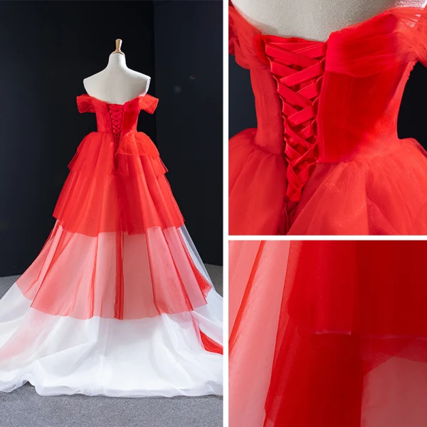 Two Tone White Red Bridal Wedding Dresses 2023 Ball Gown Off-The-Shoulder Short Sleeve Backless Beading Court Train Ruffle