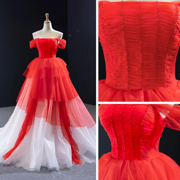 Two Tone White Red Bridal Wedding Dresses 2023 Ball Gown Off-The-Shoulder Short Sleeve Backless Beading Court Train Ruffle