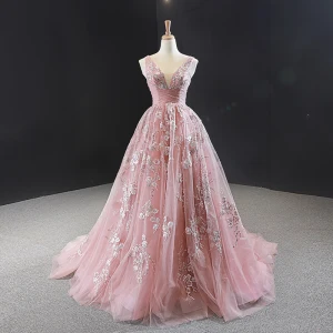 Chic Perle Rose Robe De Soirée 2023 Princesse V Cou Sans Manches Fleur Appliques En Dentelle Perlage Train De Balayage Volants Dos Nu Robe De Ceremonie