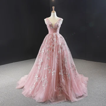 Chic Perle Rose Robe De Soirée 2023 Princesse V Cou Sans Manches Fleur Appliques En Dentelle Perlage Train De Balayage Volants Dos Nu Robe De Ceremonie