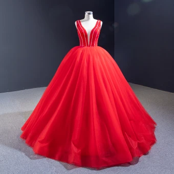 Luxury Gorgeous Red Bridal Wedding Dresses 2023 Ball Gown See Through Deep V Neck Sleeveless Backless Beading Floor Length Long Ruffle