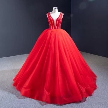 Luxury Gorgeous Red Bridal Wedding Dresses 2023 Ball Gown See Through Deep V Neck Sleeveless Backless Beading Floor Length Long Ruffle