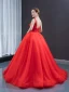 Luxury / Gorgeous Red Bridal Wedding Dresses 2023 Ball Gown See-through Deep V-Neck Sleeveless Backless Beading Floor-Length / Long Ruffle