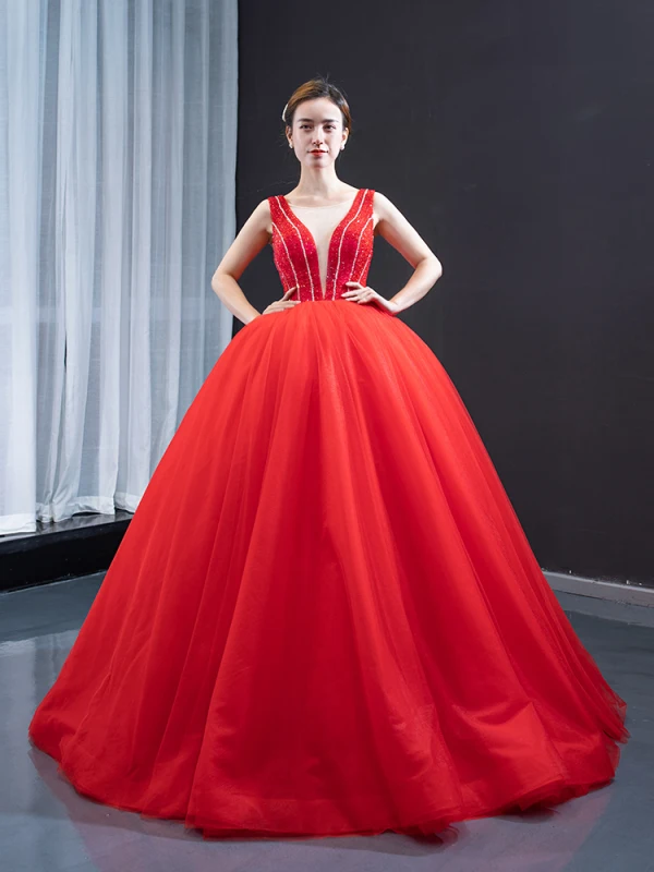 Luxury / Gorgeous Red Bridal Wedding Dresses 2023 Ball Gown See-through Deep V-Neck Sleeveless Backless Beading Floor-Length / Long Ruffle