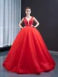 Luxury / Gorgeous Red Bridal Wedding Dresses 2023 Ball Gown See-through Deep V-Neck Sleeveless Backless Beading Floor-Length / Long Ruffle