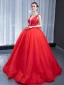 Luxury / Gorgeous Red Bridal Wedding Dresses 2023 Ball Gown See-through Deep V-Neck Sleeveless Backless Beading Floor-Length / Long Ruffle