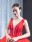 Luxury / Gorgeous Red Bridal Wedding Dresses 2023 Ball Gown See-through Deep V-Neck Sleeveless Backless Beading Floor-Length / Long Ruffle