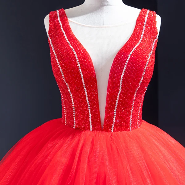 Luxury / Gorgeous Red Bridal Wedding Dresses 2023 Ball Gown See-through Deep V-Neck Sleeveless Backless Beading Floor-Length / Long Ruffle