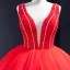 Luxury / Gorgeous Red Bridal Wedding Dresses 2023 Ball Gown See-through Deep V-Neck Sleeveless Backless Beading Floor-Length / Long Ruffle