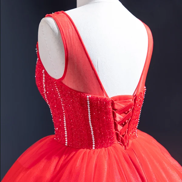 Luxury / Gorgeous Red Bridal Wedding Dresses 2023 Ball Gown See-through Deep V-Neck Sleeveless Backless Beading Floor-Length / Long Ruffle