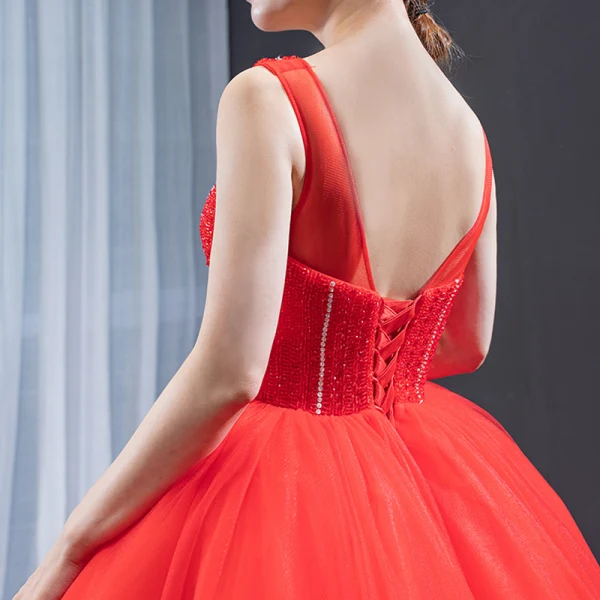 Luxury / Gorgeous Red Bridal Wedding Dresses 2023 Ball Gown See-through Deep V-Neck Sleeveless Backless Beading Floor-Length / Long Ruffle
