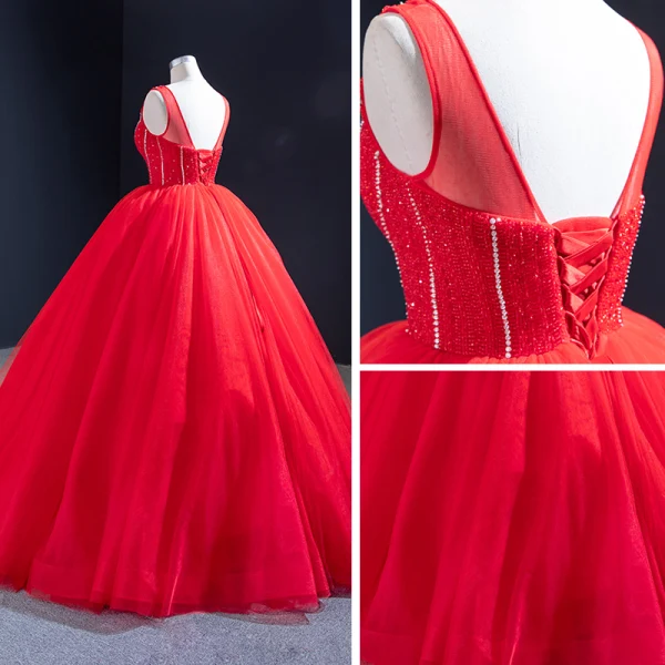 Luxury / Gorgeous Red Bridal Wedding Dresses 2023 Ball Gown See-through Deep V-Neck Sleeveless Backless Beading Floor-Length / Long Ruffle
