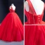 Luxury / Gorgeous Red Bridal Wedding Dresses 2023 Ball Gown See-through Deep V-Neck Sleeveless Backless Beading Floor-Length / Long Ruffle