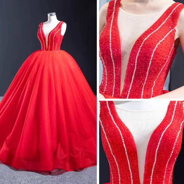 Luxury / Gorgeous Red Bridal Wedding Dresses 2023 Ball Gown See-through Deep V-Neck Sleeveless Backless Beading Floor-Length / Long Ruffle