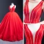 Luxury / Gorgeous Red Bridal Wedding Dresses 2023 Ball Gown See-through Deep V-Neck Sleeveless Backless Beading Floor-Length / Long Ruffle