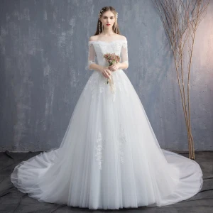 Affordable Ivory Wedding Dresses 2019 A Line Princess Off The Shoulder 1 2 Sleeves Backless Appliques Lace Sequins Beading Chapel Train Ruffle