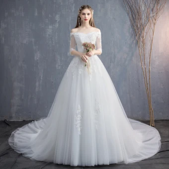 Affordable Ivory Wedding Dresses 2019 A Line Princess Off The Shoulder 1 2 Sleeves Backless Appliques Lace Sequins Beading Chapel Train Ruffle