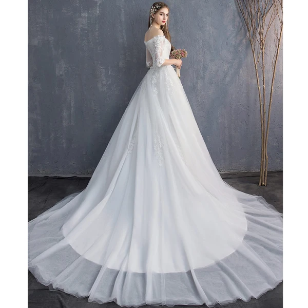 Abordable Ivoire Robe De Mariée 2019 Princesse De l'épaule 1/2 Manches Dos Nu Appliques En Dentelle Paillettes Perlage Chapel Train Volants