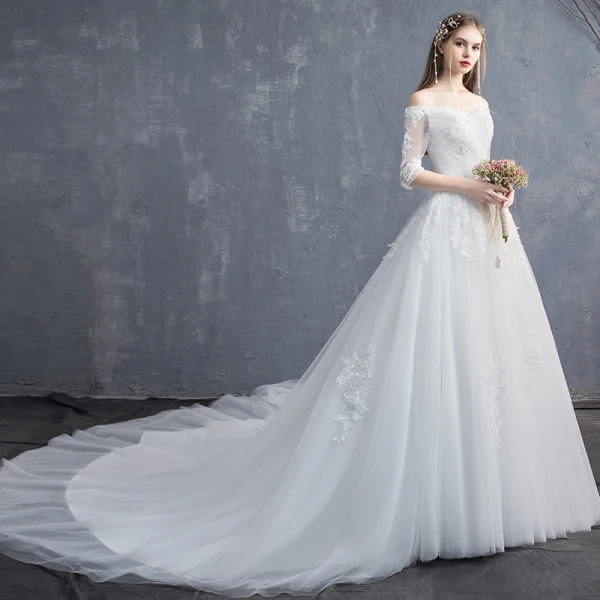 Abordable Ivoire Robe De Mariée 2019 Princesse De l'épaule 1/2 Manches Dos Nu Appliques En Dentelle Paillettes Perlage Chapel Train Volants