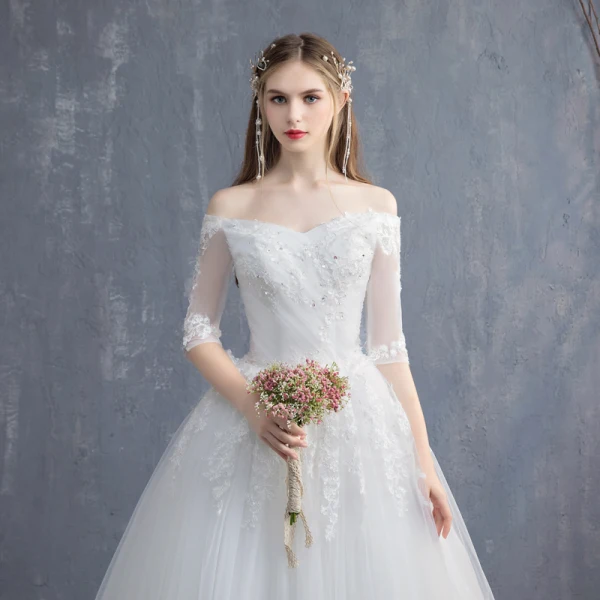 Abordable Ivoire Robe De Mariée 2019 Princesse De l'épaule 1/2 Manches Dos Nu Appliques En Dentelle Paillettes Perlage Chapel Train Volants