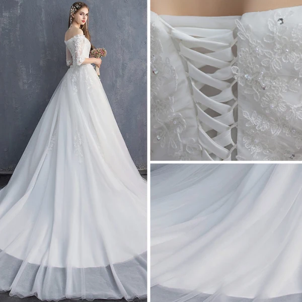 Abordable Ivoire Robe De Mariée 2019 Princesse De l'épaule 1/2 Manches Dos Nu Appliques En Dentelle Paillettes Perlage Chapel Train Volants