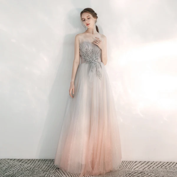 Elegant Grå Gradient-Farge Perle Rosa Selskapskjoler 2020 Prinsesse Kjæreste Uten Ermer Appliques Blonder Glitter Tyll Beading Lange Buste Ryggløse Formelle Kjoler
