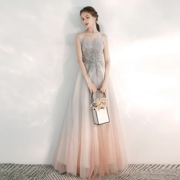 Elegant Grå Gradient-Farge Perle Rosa Selskapskjoler 2020 Prinsesse Kjæreste Uten Ermer Appliques Blonder Glitter Tyll Beading Lange Buste Ryggløse Formelle Kjoler