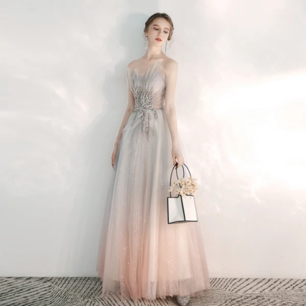 Elegant Grå Gradient-Farge Perle Rosa Selskapskjoler 2020 Prinsesse Kjæreste Uten Ermer Appliques Blonder Glitter Tyll Beading Lange Buste Ryggløse Formelle Kjoler