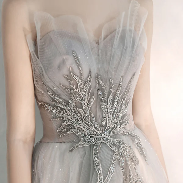 Elegant Grå Gradient-Farge Perle Rosa Selskapskjoler 2020 Prinsesse Kjæreste Uten Ermer Appliques Blonder Glitter Tyll Beading Lange Buste Ryggløse Formelle Kjoler