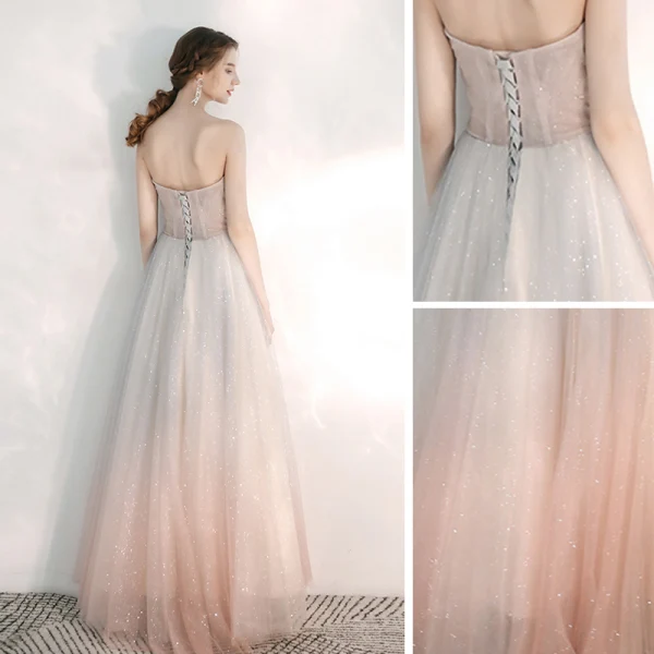 Elegant Grå Gradient-Farge Perle Rosa Selskapskjoler 2020 Prinsesse Kjæreste Uten Ermer Appliques Blonder Glitter Tyll Beading Lange Buste Ryggløse Formelle Kjoler