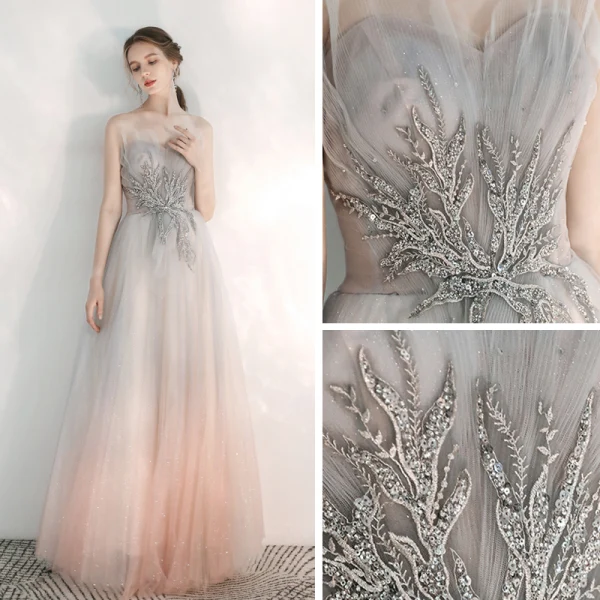 Elegant Grå Gradient-Farge Perle Rosa Selskapskjoler 2020 Prinsesse Kjæreste Uten Ermer Appliques Blonder Glitter Tyll Beading Lange Buste Ryggløse Formelle Kjoler