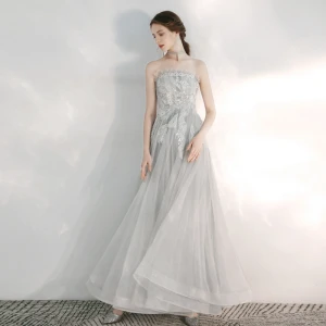 Elegant Grey Evening Dresses 2020 A Line Princess Strapless Sleeveless Appliques Lace Sequins Beading Floor Length Long Backless Ruffle Formal Dresses