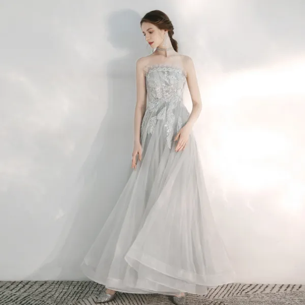 Elegant Grey Evening Dresses  2020 A-Line / Princess Strapless Sleeveless Appliques Lace Sequins Beading Floor-Length / Long Backless Ruffle Formal Dresses